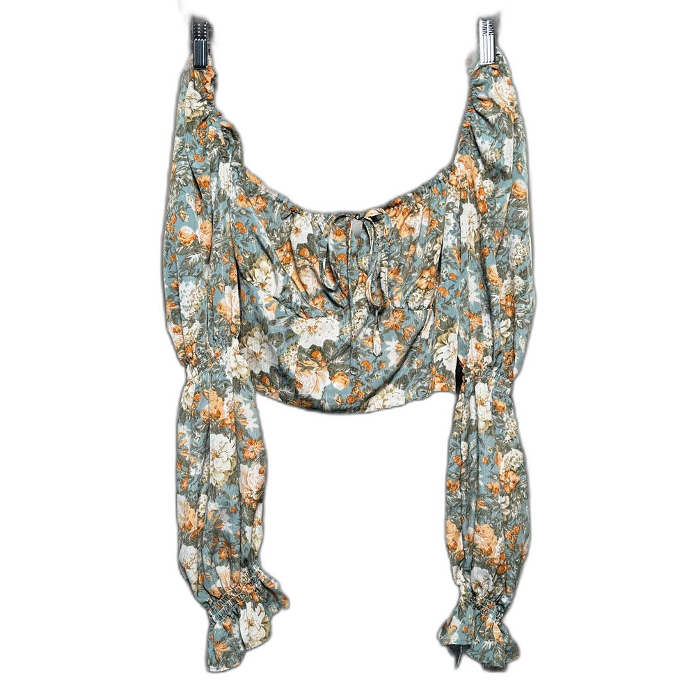 Shein Boho Floral Crop Top S Long Puff Sleeve Romantic Cottagecore Vibe